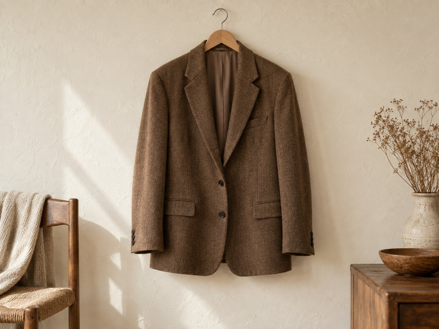 Blazer wol cokelat di gantungan kayu