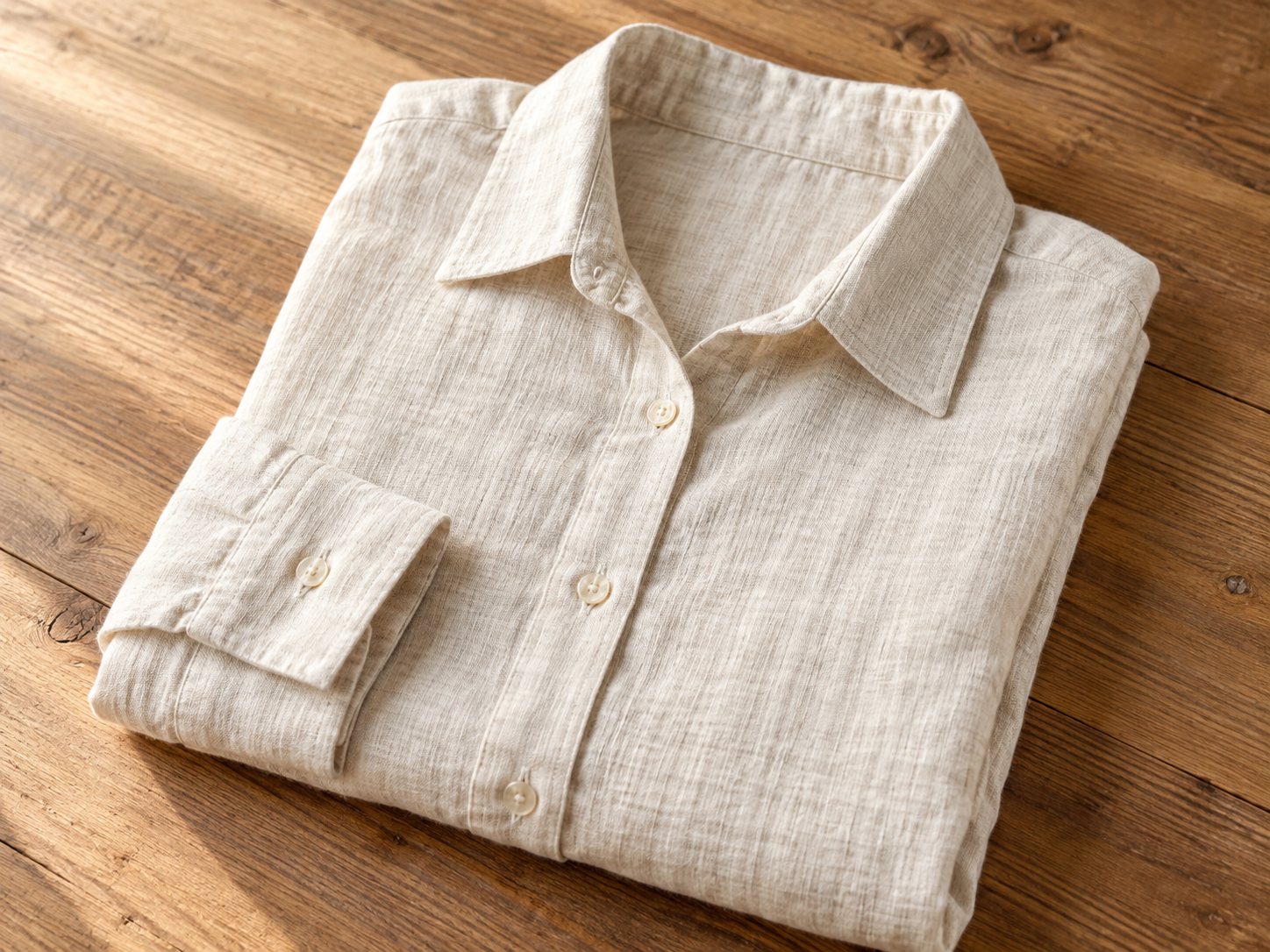 Kemeja linen krem terlipat di meja kayu