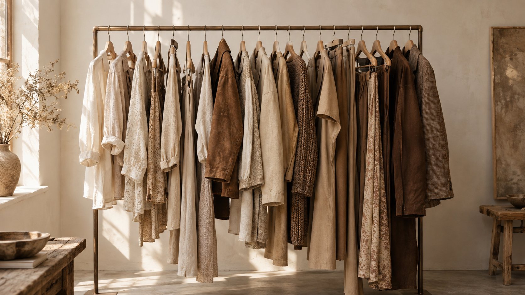 Rak butik berisi pakaian vintage warna krem dan cokelat