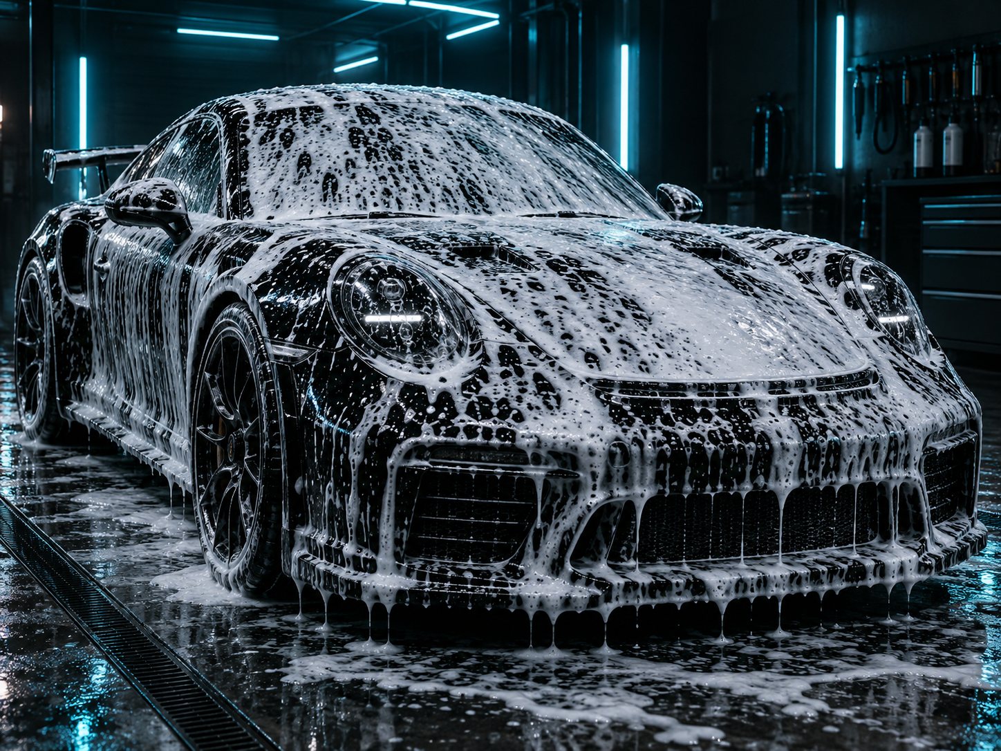 Mobil sport diselimuti busa salju saat cuci premium