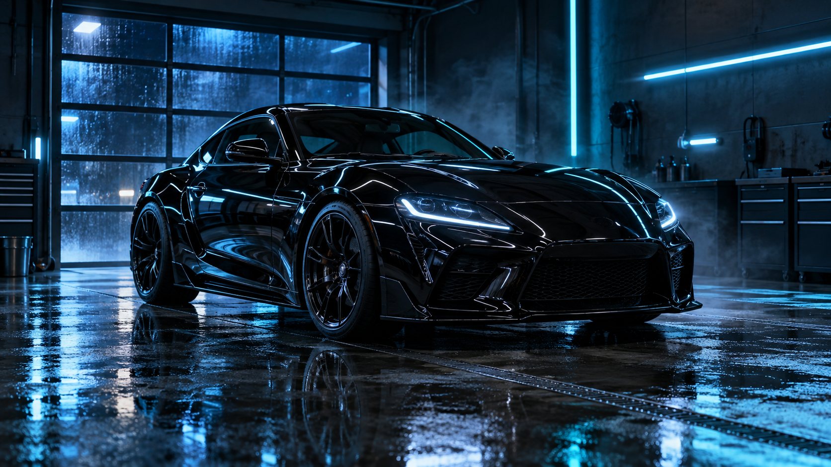Mobil sport hitam berkilap di studio detailing dengan cahaya neon