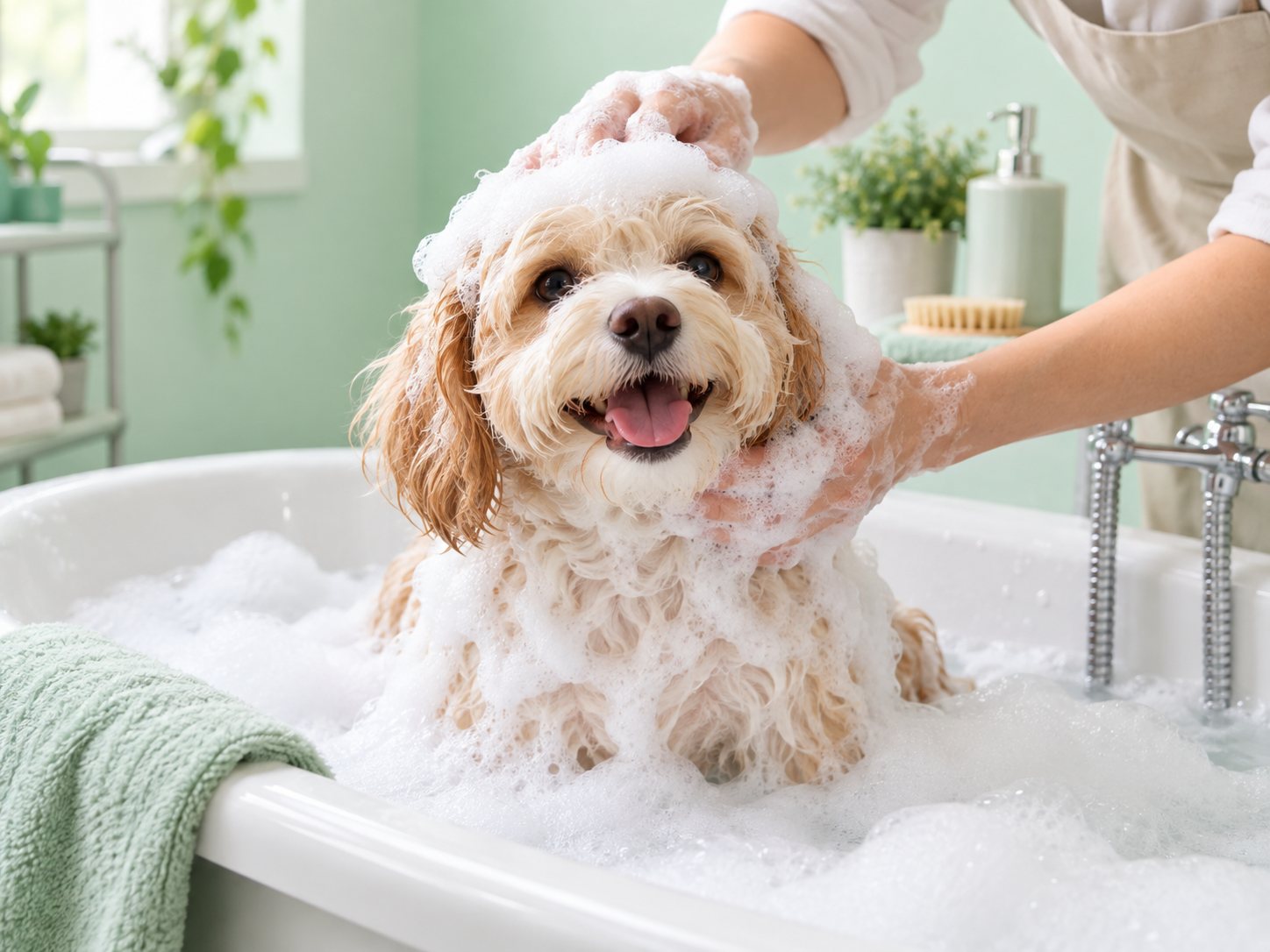 Anjing kecil mandi busa dengan senang
