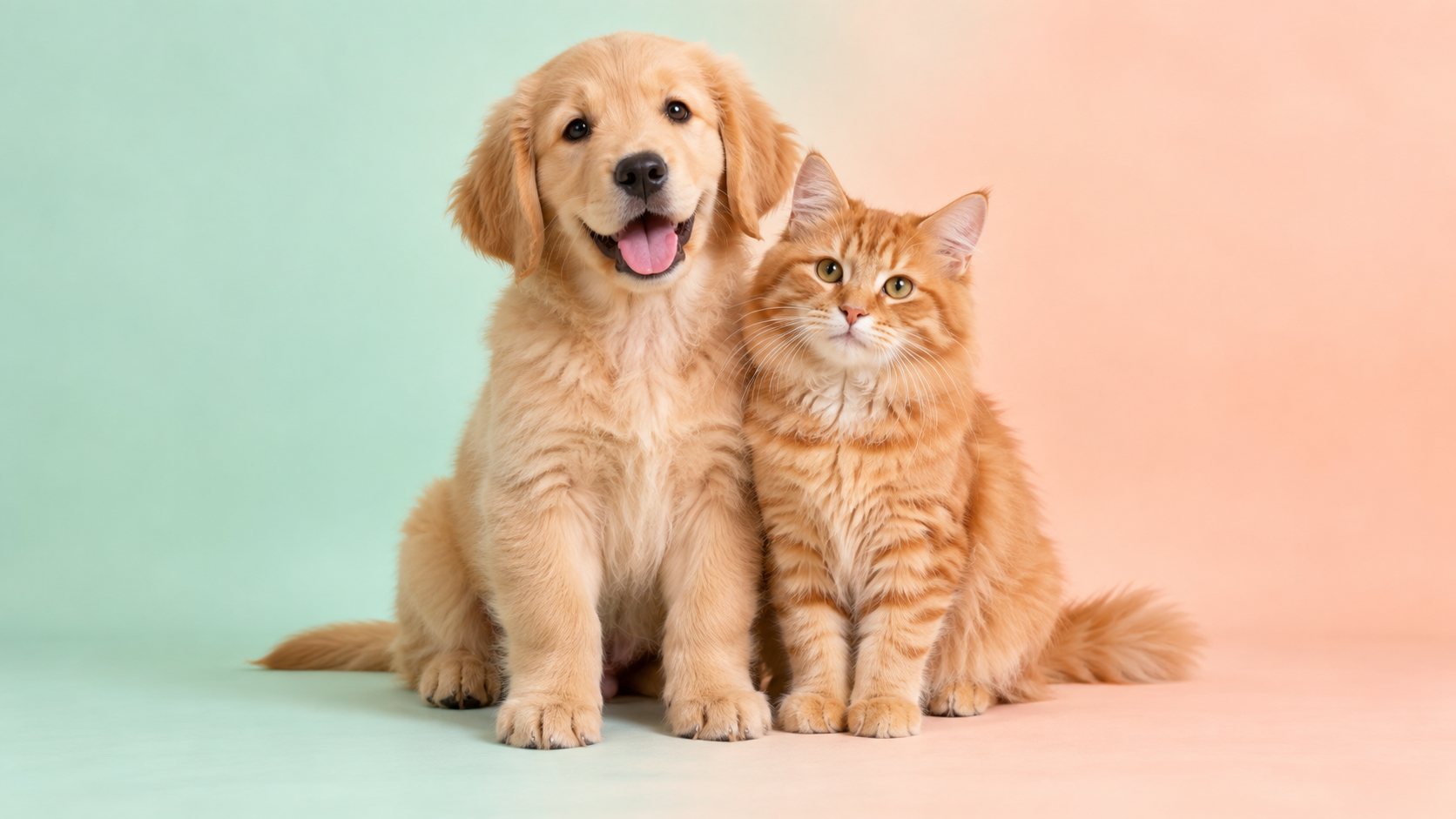 Anak anjing golden retriever dan kucing oren di studio pastel