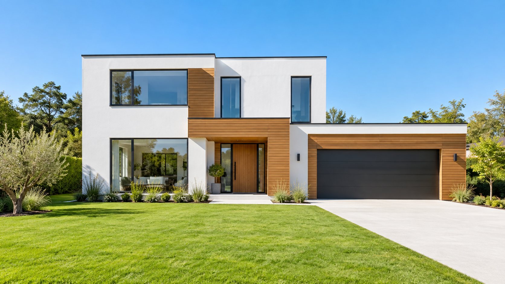 Rumah modern minimalis dengan aksen kayu dan halaman rumput