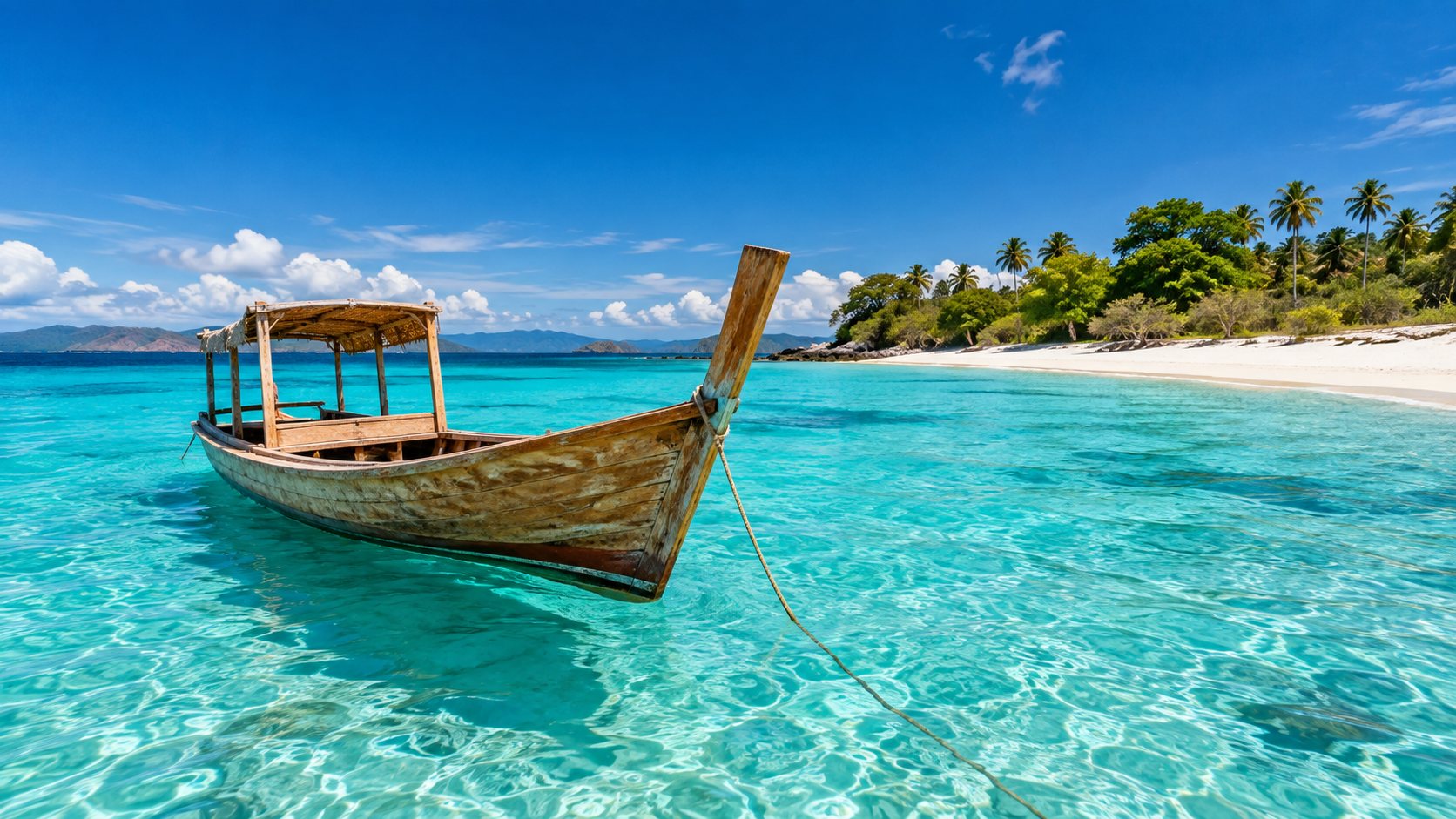 Perahu kayu tradisional di laut turquoise jernih