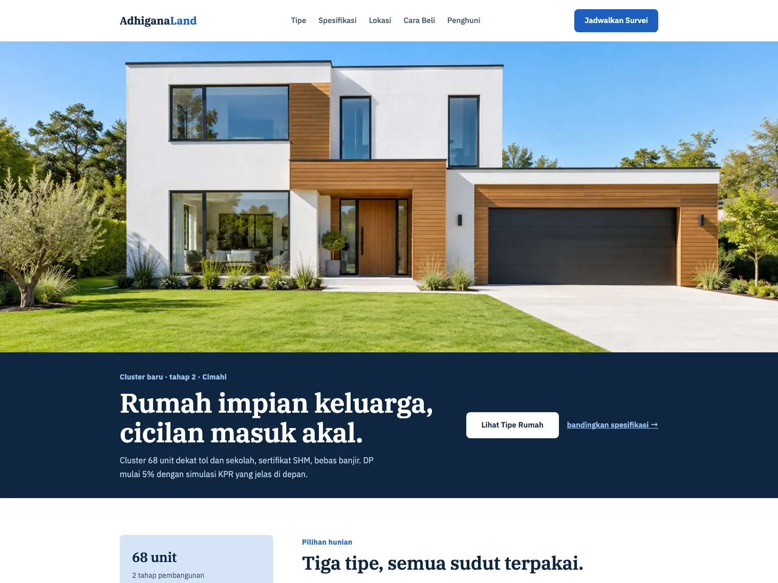 Tampilan contoh website cluster AdhiganaLand: banner rumah dengan bilah judul navy