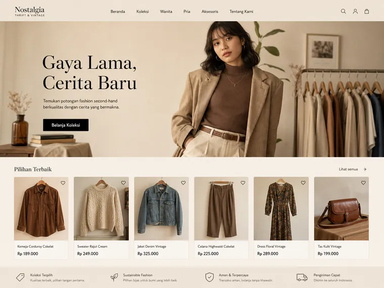 Contoh desain website butik fashion gaya editorial krem